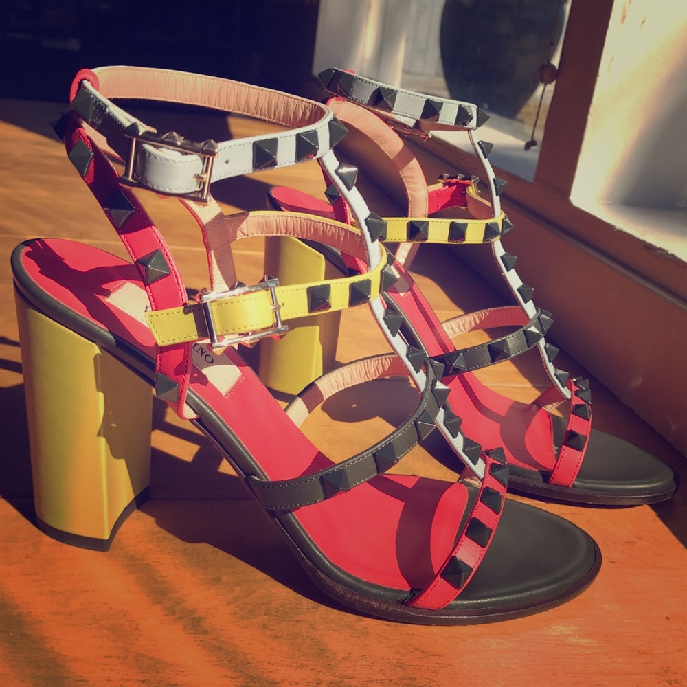 Valentino Rockstud T-Strap Block Rainbow Sandal